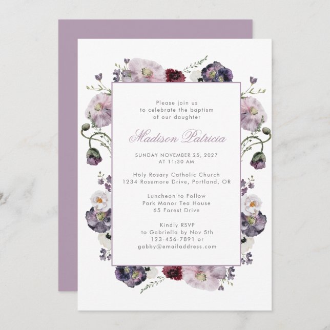 Convites Violet Watercolor Floral Elegante (Frente/Verso)