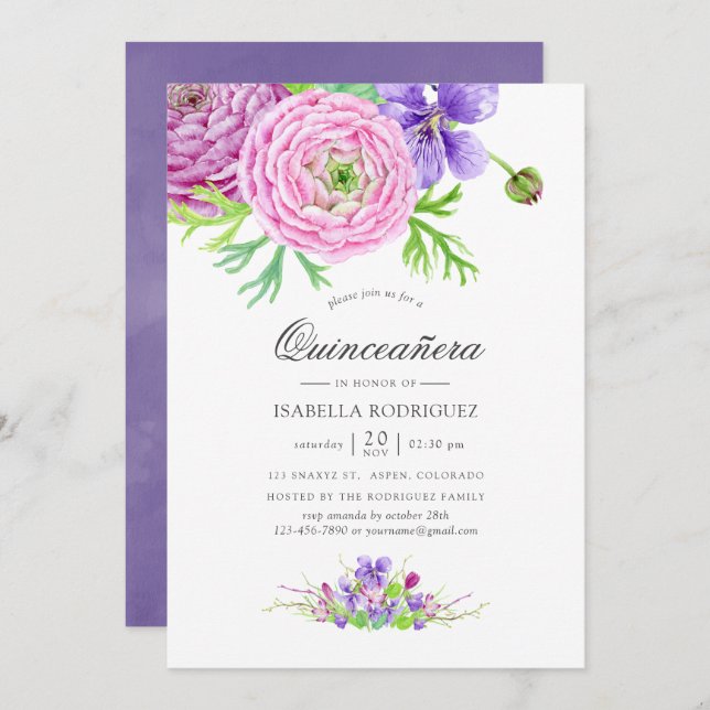 Convites Violet Watercolor Floral Quinceañera (Frente/Verso)