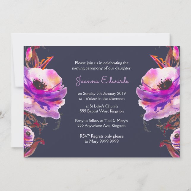 Convites Violet Watercolor Poppies Naming Ceremony Invite (Frente)
