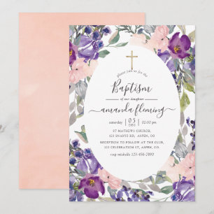 Convites Violeta, Ameixa e Rosa Floral Batismo