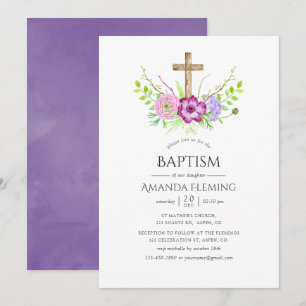 Convites Violeta e Plumagem Floral Batismo ou Batizado