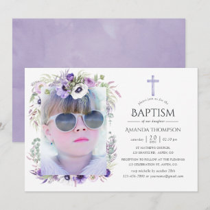 Convites Violeta Empoeirada Floral Batismo ou Batizado