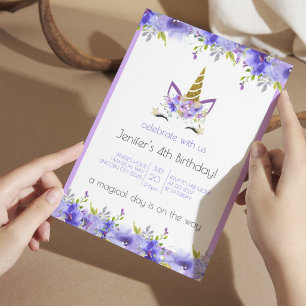 Convites Violeta fresca   Festa de aniversário Unicorn