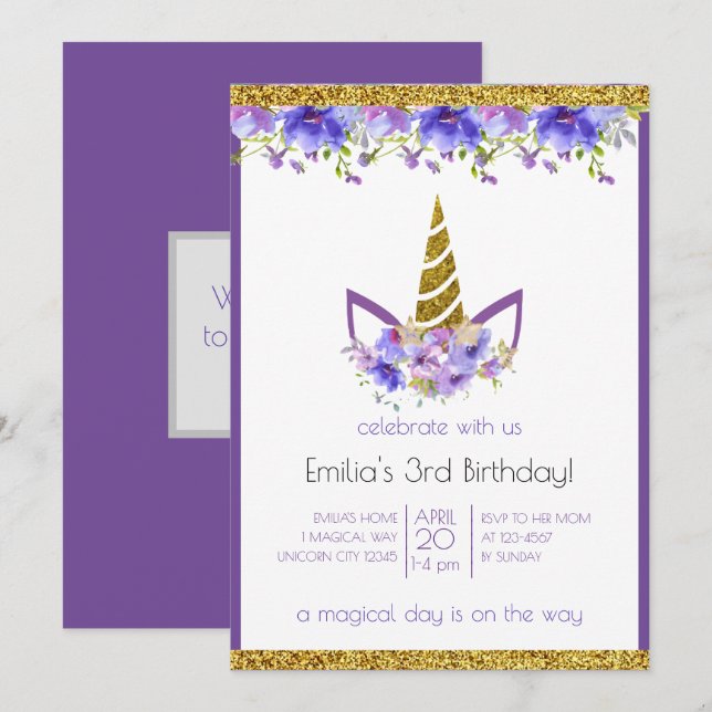 Convites Violeta fresca | Garota Unicórica de Aniversário (Frente/Verso)