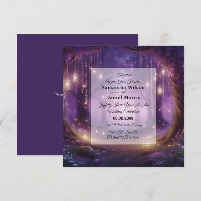 Convites Violeta no Casamento Florestal Encantado à Meia-No (Frente/Verso)