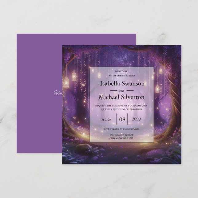 Convites Violeta no Casamento Florestal Encantado à Meia-No (Frente/Verso)