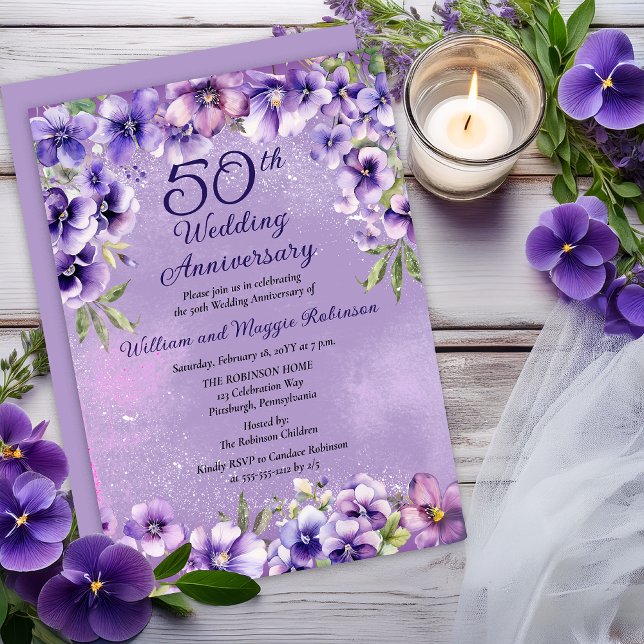 Convites Violeta Roxa Elegante 50º Aniversário de Casamento (Elegant Purple Violets 50th Wedding Anniversary Invitation -- Print | Digital Download)