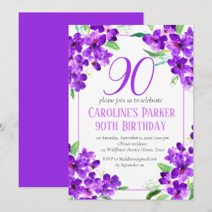 Convites Violeta Rústica Aniversário de 90 anos Floral Roxo