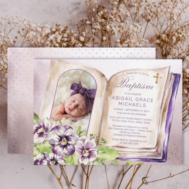 Convites Violetas Roxos Arrancaram Foto com Batismo Único (Purple Violets Arched Photo Unique Baptism Invitation)