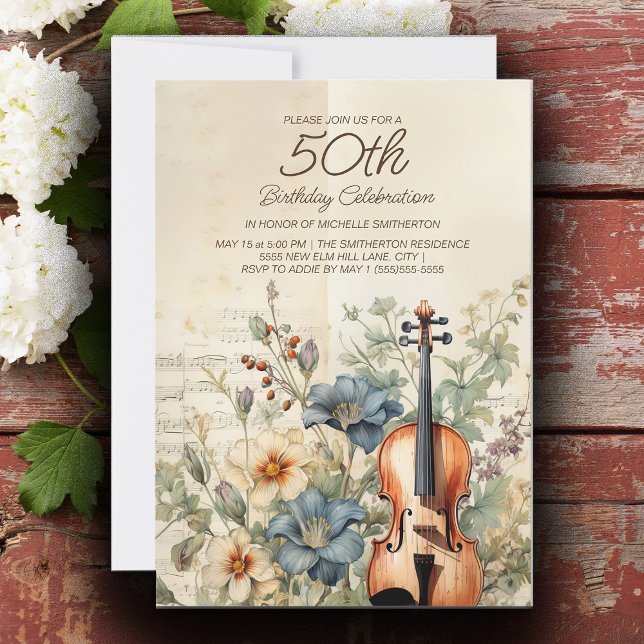 Convites Violino Antigo Flores Azul Empoeiradas 50º Anivers (Vintage violin and dusty blue flowers 50th birthday party invitation.)