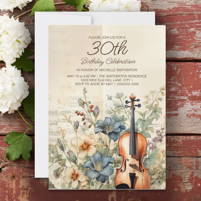 Convites Violino Antigo Flores Azul Empoeirado 30º Aniversá (Elegant vintage violin and dusty blue floral women's 30th birthday party custom invitation)