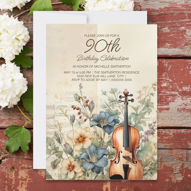 Convites Violino Antigo Flores Azul Empoeirado 90º Aniversá (Vintage violin 90th birthday party invitation for women. )