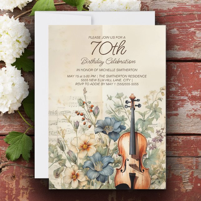 Convites Violino Antigo Flores Azul Empoeirado Aniversário  (Vintage violin 70th birthday party invitation )