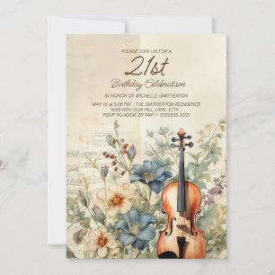 Convites Violino Antigo Flores Azul Empoeirado Aniversário 