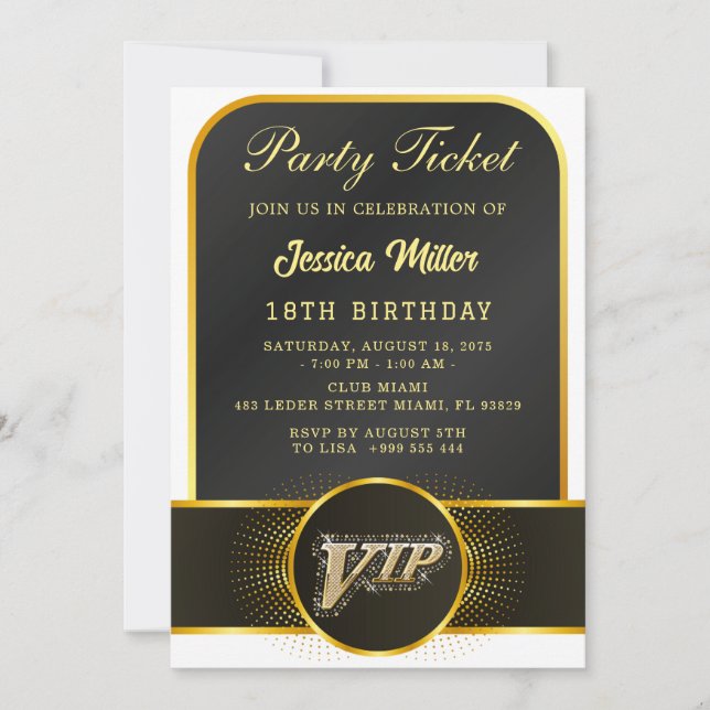 Convites VIP Party Ticket Birthday Invitation (Frente)