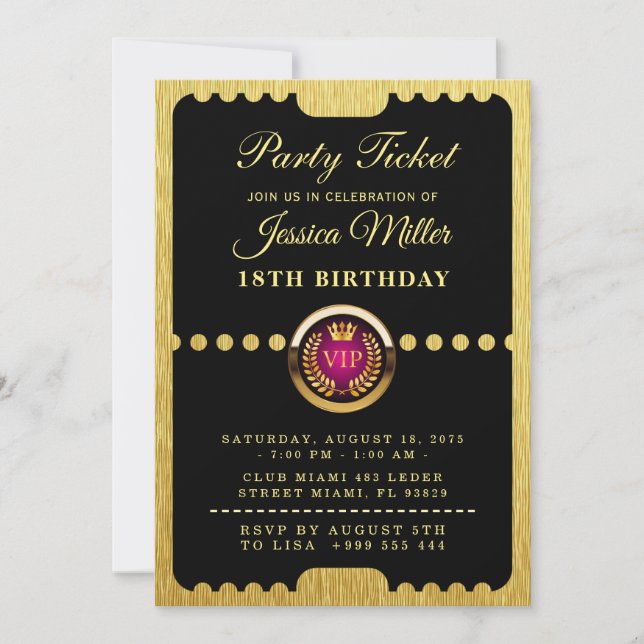 Convites VIP Party Ticket Birthday Invitation (Frente)