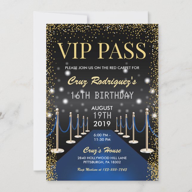 Convites VIP Pass Hollywood Blue Red Carpet Birday (Frente)