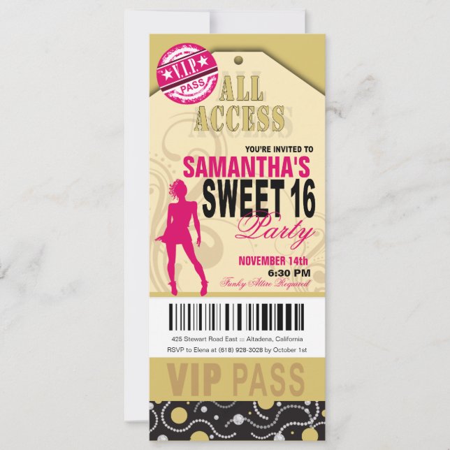 Convites VIP Sweet 16 Ticket (fuschia khaki) (Frente)