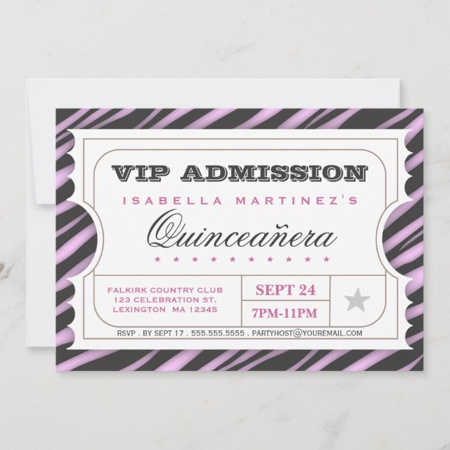 Convites VIP Ticket Zebra Glam Quinceanera Festa de anivers (Frente)