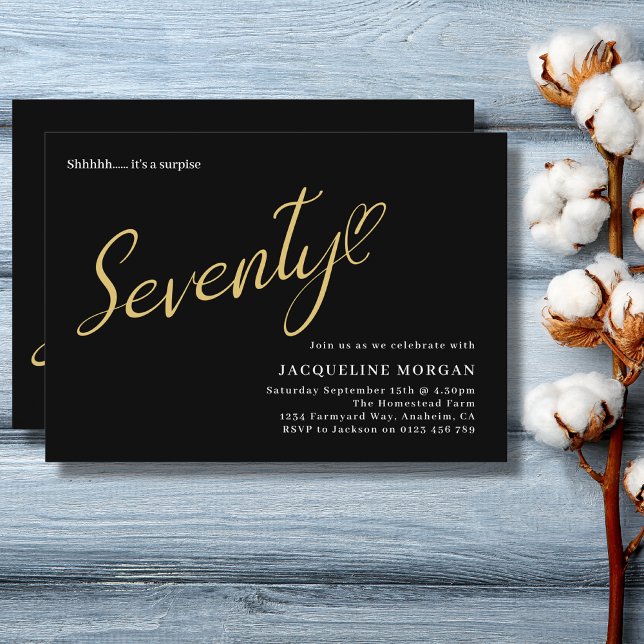 Convites Virando 70 Noivado Dourado 70 preto (70th birthday black and gold surprise birthday party invitation)