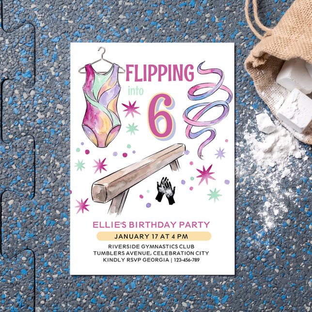 Convites Virando Qualquer Idade Aniversário Ginástica Salto (Gymnastics birthday party invitation for any age by Darling & May)