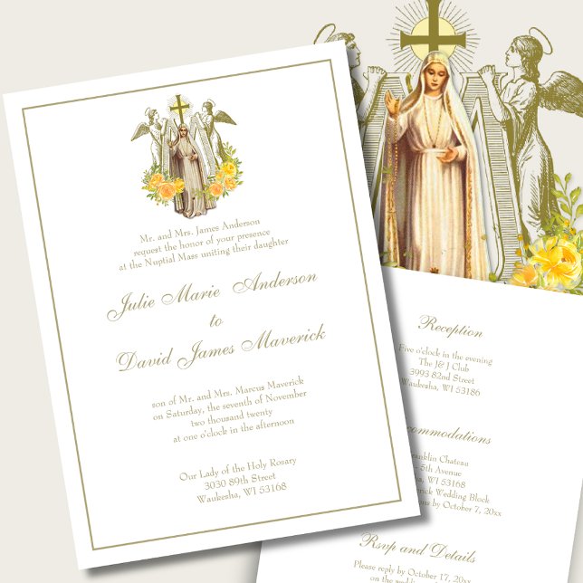 Convites Virgem Católica Mary Casamento Floral Amarelo (Criador carregado)