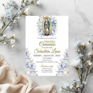 Convites Virgem de Guadalupe Floral Azul Primeira Comunhão