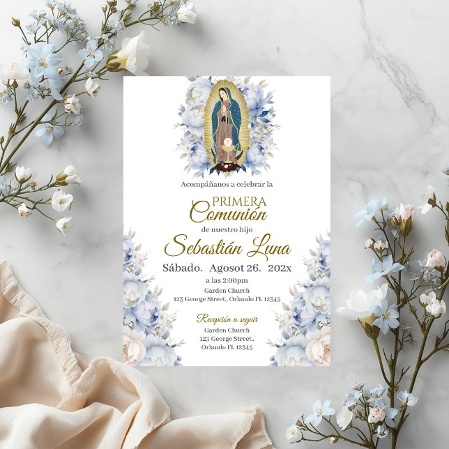 Convites Virgem de Guadalupe Floral Azul Primeira Comunhão (Criador carregado)