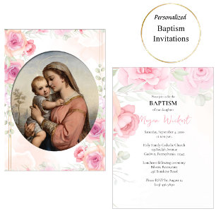 Convites Virgem e Menino Rosas Rosa Suave Batismo Católico