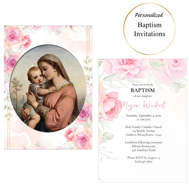 Convites Virgem e Menino Rosas Rosa Suave Batismo Católico (Criador carregado)