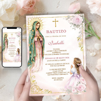 Convites Virgem Guadalupe Batizado Menina Rosas Rosa Ouro