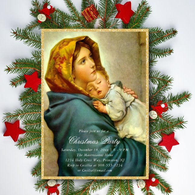 Convites Virgem Maria e Jesus Festa Religiosa de Natal (Religious Christmas party invitation perfect for family and church parties.)