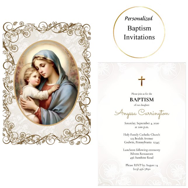 Convites Virgem & Menino Quadro Ornato Dourado Batismo Cató (Criador carregado)