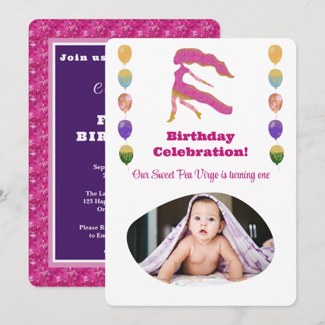 Convites Virgo 1st Birthday Photo Impressionist Gold (Frente/Verso)