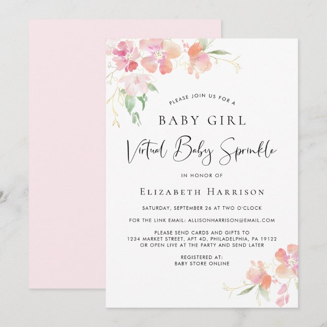 Convites Virtual Baby Girl Sprinkle Floral Cor Rosa (Frente/Verso)