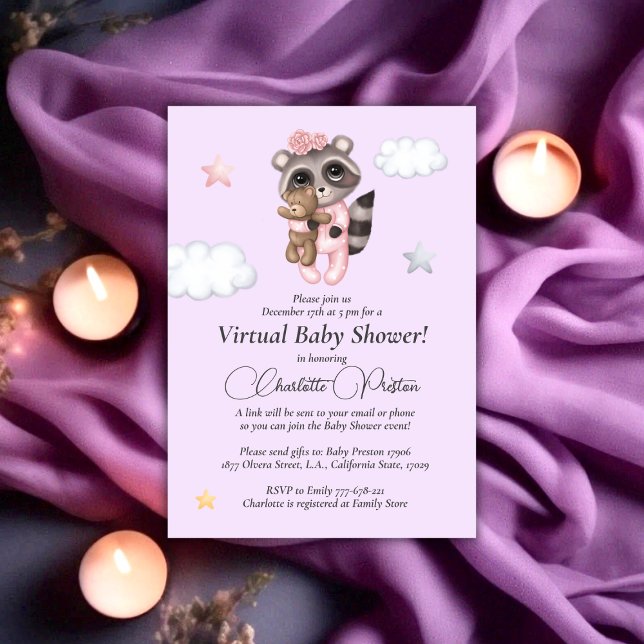 Convites Virtual de Lavanda de Chá de fraldas Raccoon (Gentle Raccoon Animal Girl Baby Shower Virtual Invitation)