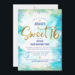 Convites Virtual Sweet 16 Blue Watercolor Birthday<br><div class="desc">Aqui está uma forma excelente de fazer com que sua filha ainda seja capaz de comemorar seu aniversário marcante com todos os seus amigos. Envie este convite de festas online virtual personalizado, incrível e moderno para que um evento se lembre. Folha de ouro cintilante e minúsculos pontos brilhantes de confete...</div>