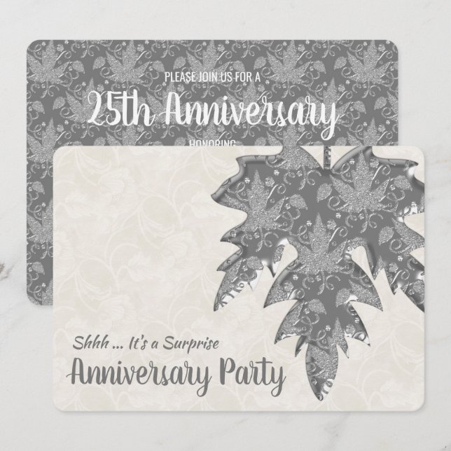 Convites Visualização de Folha de Outono em Metal Prateado  (Frente/Verso)