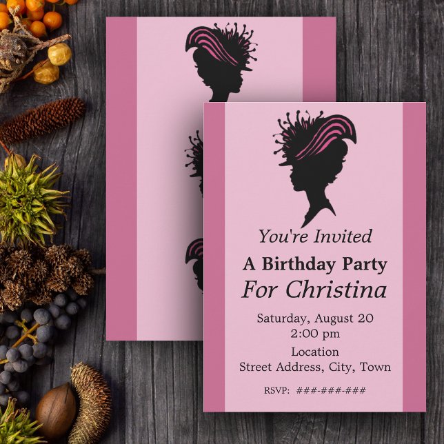 Convites Vitoriana Rico Black Silhouette Hat Aniversário (Silhouette of face of Victorian woman fancy hat on pink Birthday party invitations.)