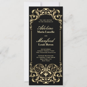 Convites Vitoriano de Nouveau: Casamento Preto e Dourado