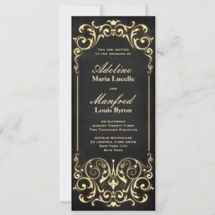 Convites Vitoriano de Nouveau: Casamento Preto e Dourado