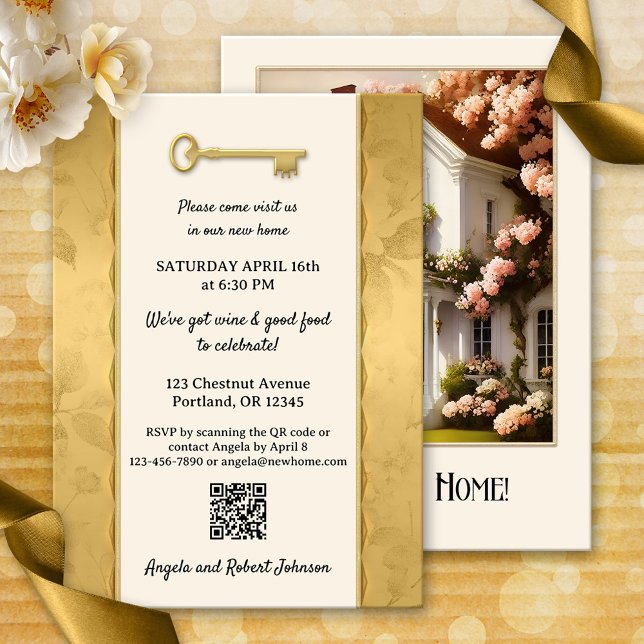 Convites Vitoriano Dourado Sua Foto de Aquecimento Doméstic (Housewarming party invitation featuring a photo of your new home framed by an ivory design with gold)