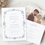 Convites Vitoriano Vintage Foto francesa Tudo em Um Casamen<br><div class="desc">Traga seus convidados para uma era de elegância e romance com nosso Convite de Casamento Floral Azul Vitoriano Vintage. Inspirado pela opulência da era vitoriana e adornado com delicados florais azuis franceses, esse convite expele sofisticação do eterno. Feita com muita atenção aos detalhes, a intrincada design floral e a tipografia...</div>
