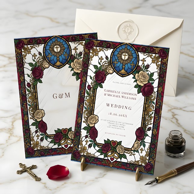 Convites Vitraça de Rosa Borgonha Casamento Católico (Criador carregado)