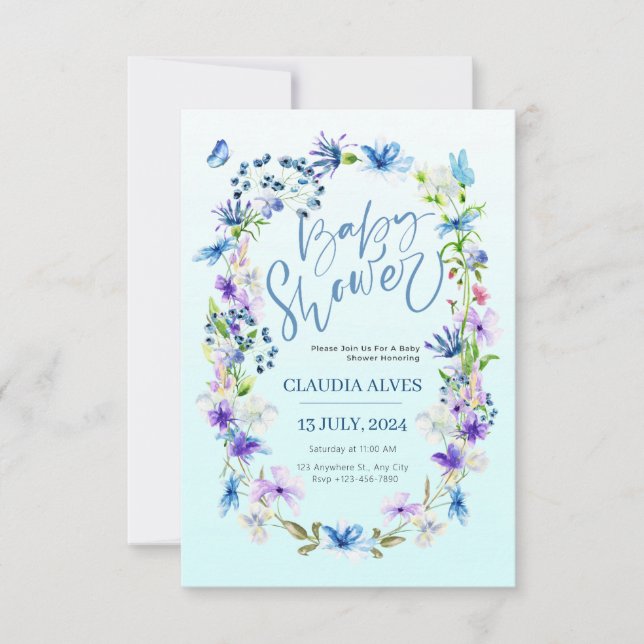 Convites vitrine de cor azul, flor e borboleta (Frente)