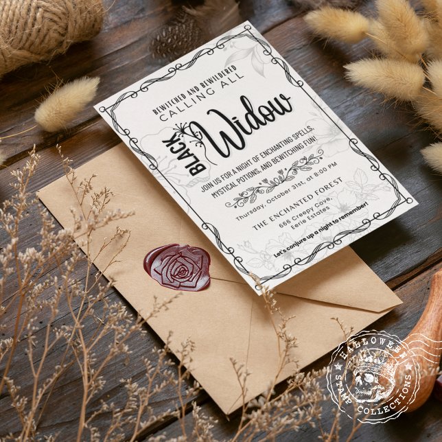 Convites Viúva Negra Assustada e Amarelada Preta e Branco (Black Widow Bewitched and Bewildered Black & White Invitation cover from The Beekeeper Store)