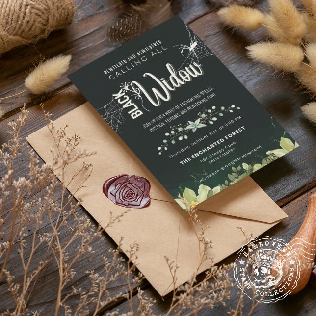 Convites Viúva Negra Assustada e buquê (Black Widow Bewitched and Bewildered bouquet Invitation cover from The Beekeeper Store)