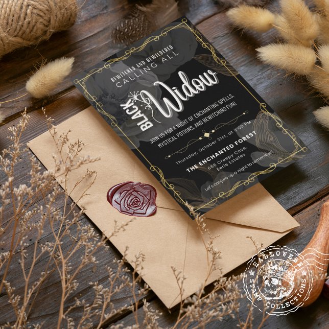 Convites Viúva Negra Enfeitiçada e Desnorteada (Black Widow Bewitched and Bewildered Invitation cover from The Beekeeper Store)