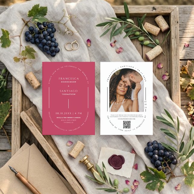 Convites Viva Magenta Arco Moderno Código QR Foto Casamento (Criador carregado)