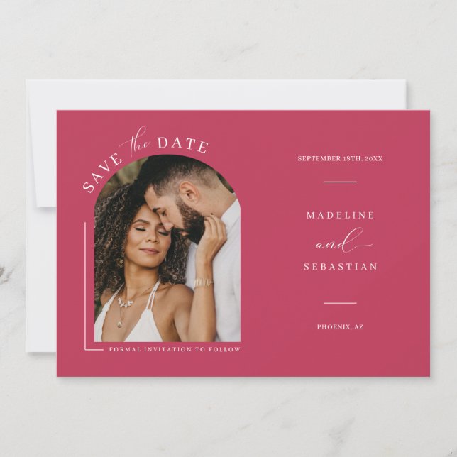 Convites Viva Magenta Boho Arch Foto Código QR Salvar Data (Frente)